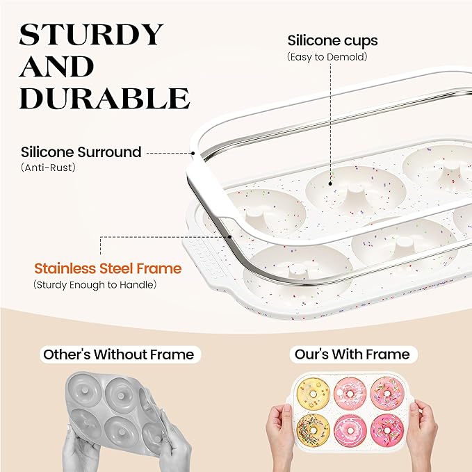 KASHME 2 Pcs Silicone Donut Pan for Baking with Metal Reinforced Frame Nonstick 6 Cavity Donut Molds Doughnut Tray 3.25 Inch Large Bagel Molds(Cream)