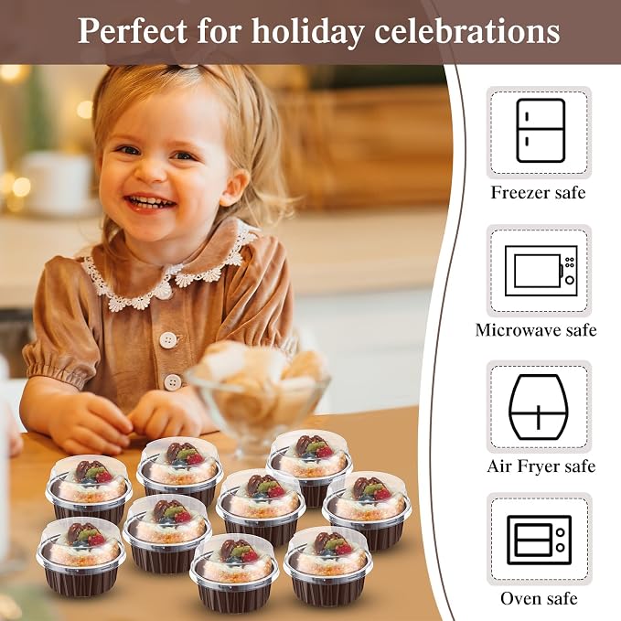 Gejoy 400 Pcs Aluminum Foil Baking Cups with Lids 5 oz Disposable Ramekins Mini Cake Pans Creme Brulee Cupcake Liners Muffin Tins Flan Mold Dessert Container for Wedding(Brown,Classic)