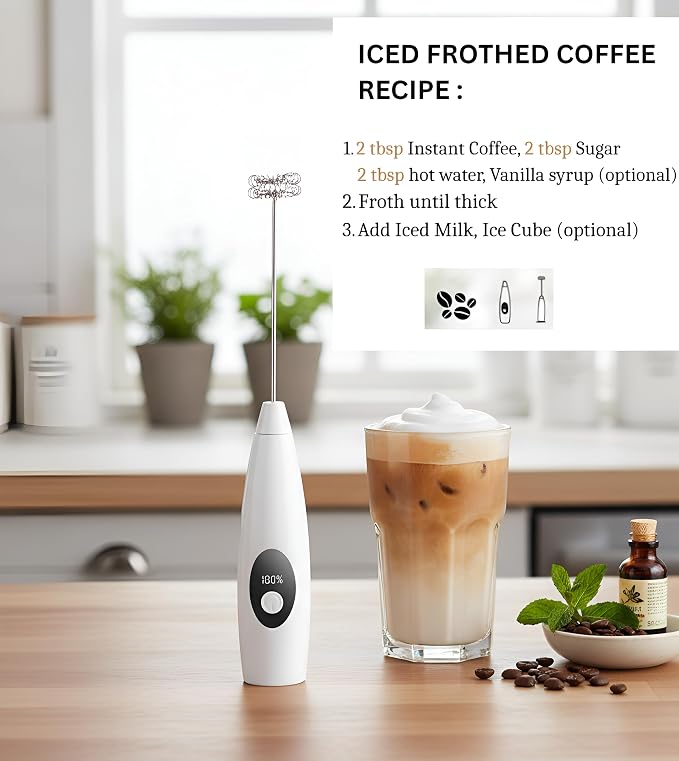 Rechargeable Milk Frother Handheld, 3-Speed Electric Frother Wand, Digital Display Drink Mixer Wand, Coffee Frother Handheld for Cappuccino Latte, Portable Hand Mixer for Coffee