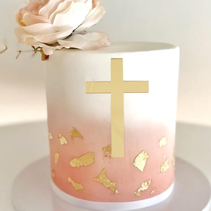 Golden Cross Cake Topper - First Holy Communion Party Decorations,Acrylic Cross Cake Topper Photo Props,God Bless Baptism Centerpiece,Religious Birthday Wedding Party Decorations