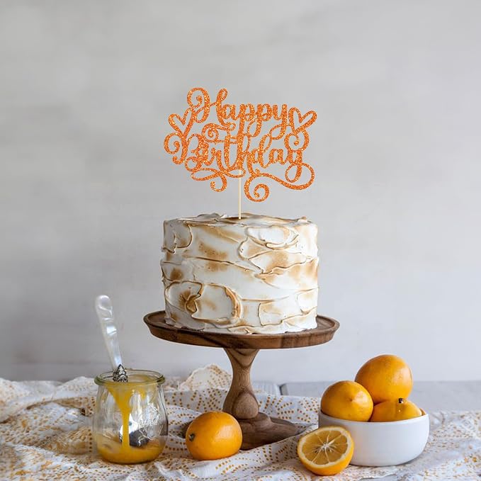 Gyufise 1Pcs Happy Birthday Cake Topper Glitter Cake Pick Bunting Decor for Anniversary Celebrating Party Cake Decorations Supplies Orange
