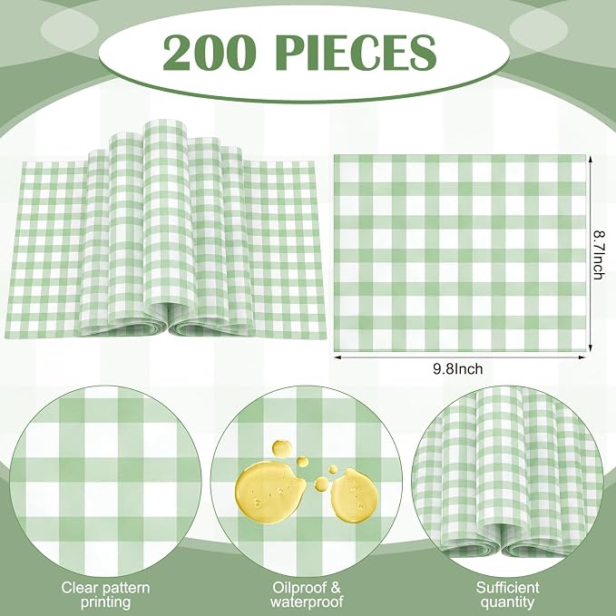 Feifeiya Floral Wax Paper Sheet for Food Chinoiserie Bird Deli Paper Waterproof Sandwich Wrapping Greaseproof Food Basket Liners for Picnic Party Kitchen Supply (200, Green, Checkered)
