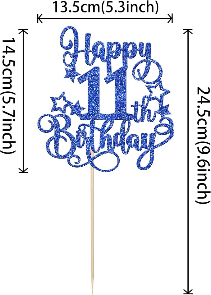 1 PCS Happy 11th Birthday Cake Topper Glitter Cheers to 11 Years Birthday Cake Pick Hello 11 Fabulous Cake Decoration for Happy 11th Birthday Anniversary Party Decorations Supplies Blue