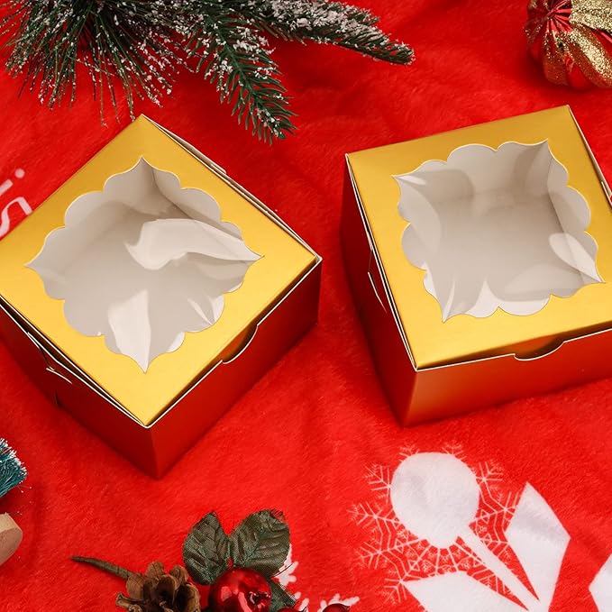 NPLUX 50pcs Cookie Boxes with Window Bakery Boxes Small Treat Boxes Mini Pie Boxes Pastry Boxes 4x4x2.5, Graduation Gifts Party Favors(Gold)