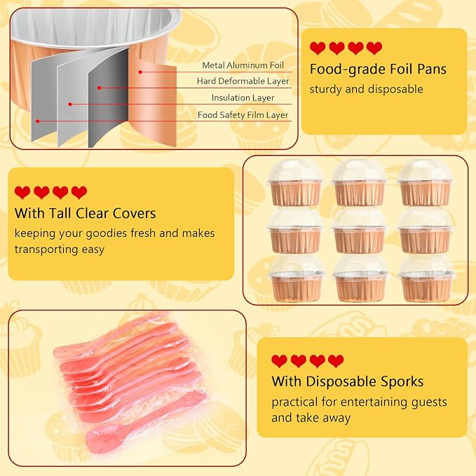 5oz Cupcake Baking Cups with Lids 25 Pack, Foil Muffin Tin Mini Cake Pans Small Cupcake Containers, Disposable Creme Brulee Ramekins Liners for Bake Sales Wedding-Champagne