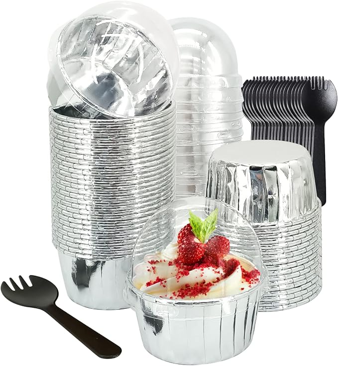50 Pack Foil Cupcake Liners with Dome Lids,LNYZQUS 5oz Large Cupcake Cups,Disposable Muffin Tins Ramekins Pans Baking Cups Wrappers Holders-Silver