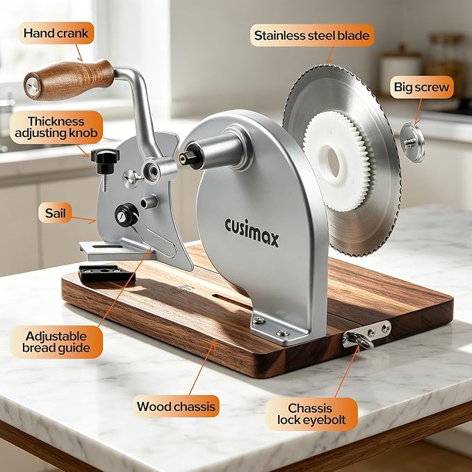 CUSIMAX Manual Bread Slicer for Homemade Sourdough Bread,Hand Crank Bread Slicer with Adjustable Thickness and Stainless Steel Blade,Upgrade Foldable Manual Bread Cutter