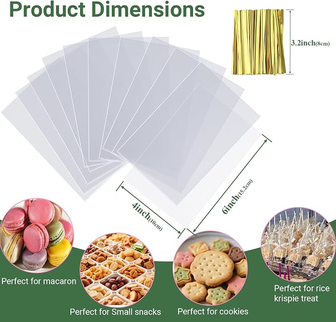 ROSPAKTEK 200 Pcs 4x6 Inch Clear Rice Krispie Treat Bags - Rice Kit Cakesicle Bags for Marshmallow, Macaron Pop, Candy, Apple Cookies, Cake Ore Pop Packaging (Individually Wrapped)