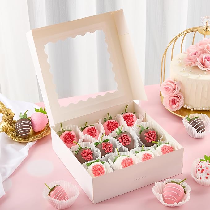 Ocmoiy 20 Pack Pie Boxes, 8 x 8 x 2.5 Inches Bakery Boxes with Window, Auto-Popup Cookie Treat Boxes for Chocolate Strawberries, Pastries, Muffins, Donuts