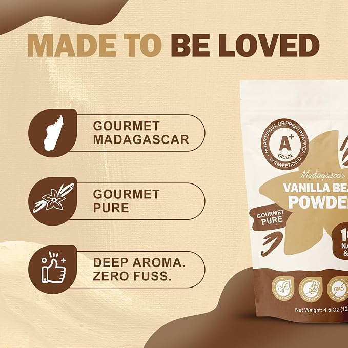 MONIZEN Pure Madagascar Vanilla Powder 4.5 oz, A+ Grade Whole Bean Ground Fine Gourmet Madagascar Vanilla, No Additives for Baking Desserts Drinks Smoothies Ice Cream 128g