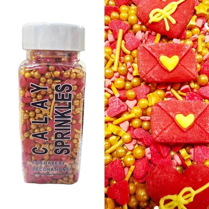 Edible Valentines Sprinkles for Cake Decorating 100g/ 3.53oz, Edible Red Pink Heart Gold Mix Sprinkle for Decorating Baking Cupcakes Cake Cookies Ice Creams Candy