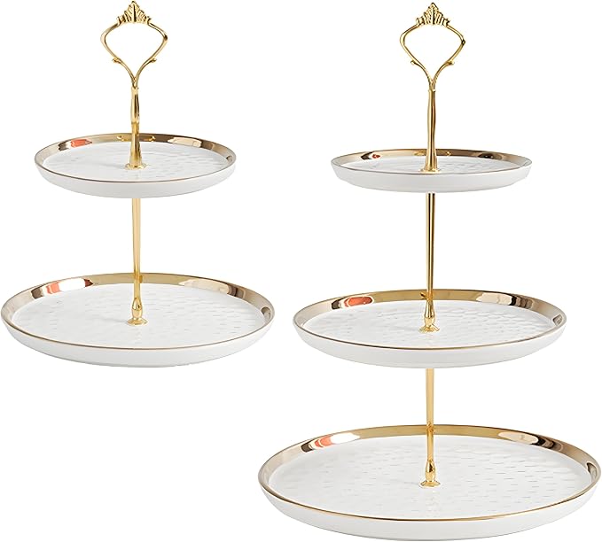 Tosnail Set of 2 Porcelain Cupcake Stand Ceramic Dessert Stand Tiered Serving Trays with Gold Rod, 3 Tiers and 2 Tiers Cake Stand Party Serving Trays Fruit Pastry Holders for Wedding and Party