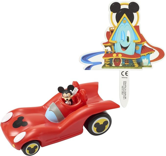 DecoSet Disney Mickey Mouse Funhouse Sweet Adventures, 2-Piece Topper Set with Waving Mickey In Car and Pic To Set The Scene, For Birthday, Party, Celebration