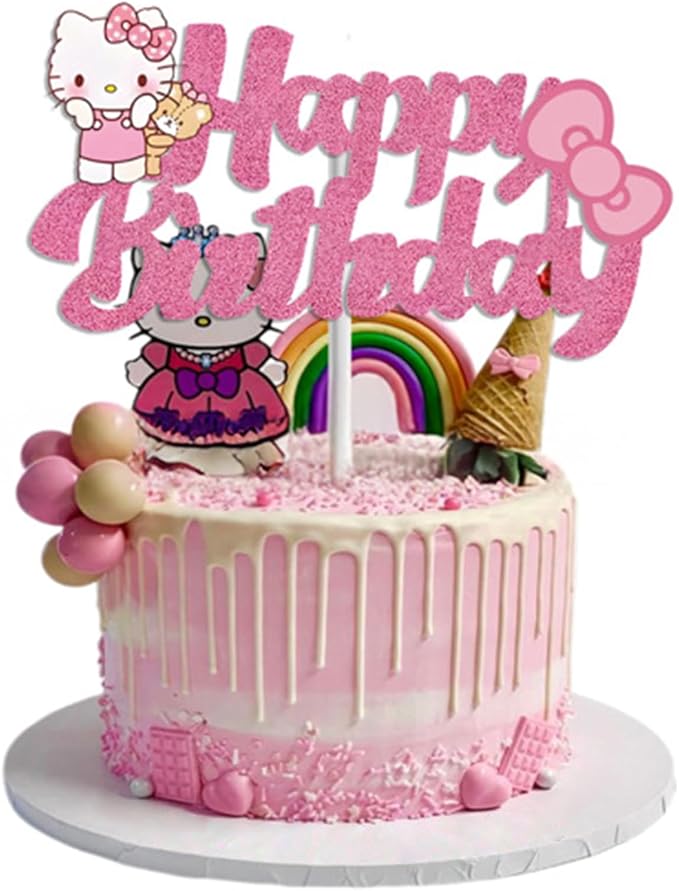 Cute Birthday Cake Decorations, Happy Birthday Cake Topper Glitter, Cartoon Theme Party Cake Decorations Supplies (Pink)