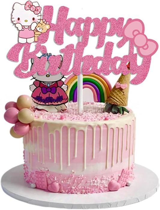Cute Birthday Cake Decorations, Happy Birthday Cake Topper Glitter, Cartoon Theme Party Cake Decorations Supplies (Pink)