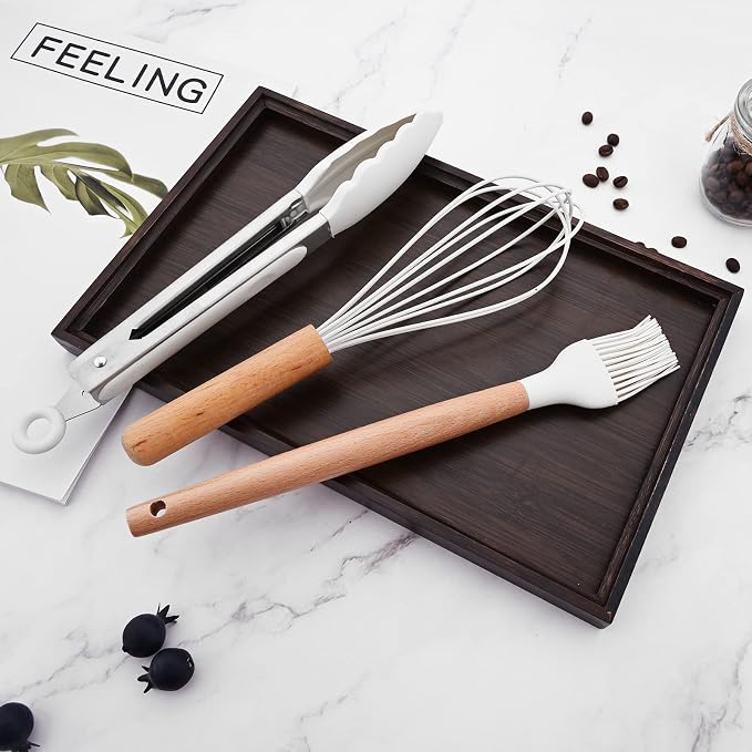 1pc White Silicone Egg Whisk with Wooden Handle, Heat Resistant Cooking Utensils for Blending Whisking Beating Stirring Cooking Backing