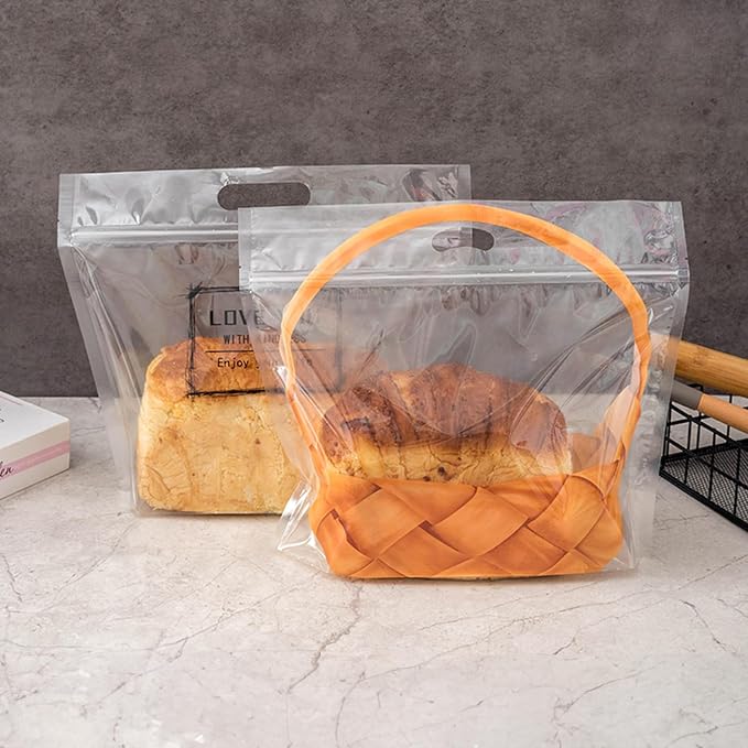 50 pcs 7.9 Inch Large Clear Bread Plastic Bags with Handle, Sealing Zipper Loaf Packaging with Basket Pattern for Homemade Bread Cookie, Bakery Cafe