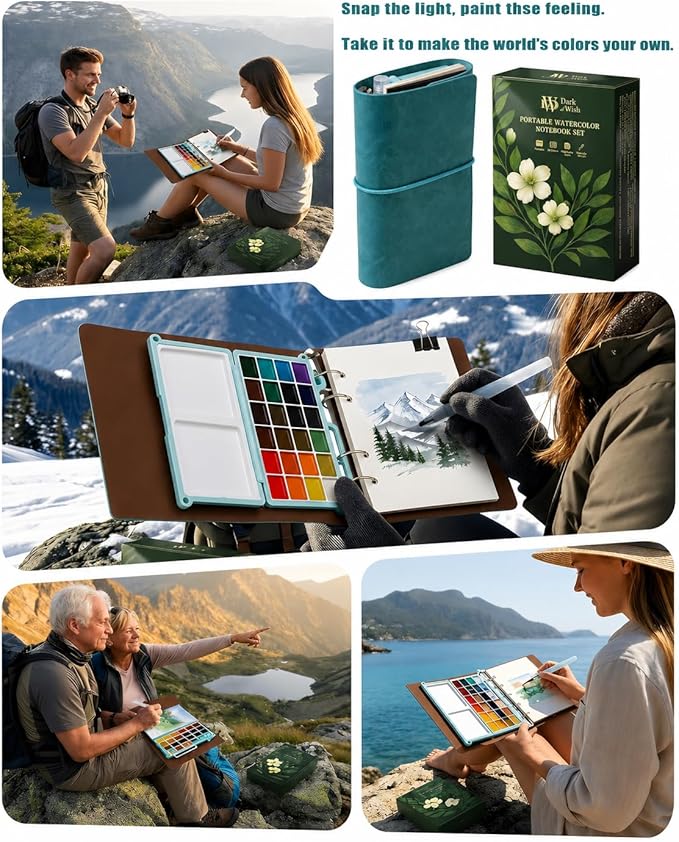 Mini Travel Watercolor Sketchbook Set - 24 Colors Pocket Paint Kit (6 Metallic, Neon, Macaron) with Refillable 300gsm Black & White Paper - PU Leather Urban Sketching Binder & Water Brush Gift