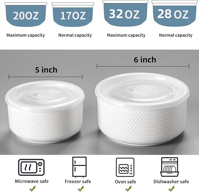 Ceramic Nesting Bowls with Lid: Microwave Safe Food Storage Containers for Work Lunch Picnic Camping Meal Prep Soup Salad Cereal Leftovers - 5 & 6 Inch, 20 & 32 oz, Set of 4, White