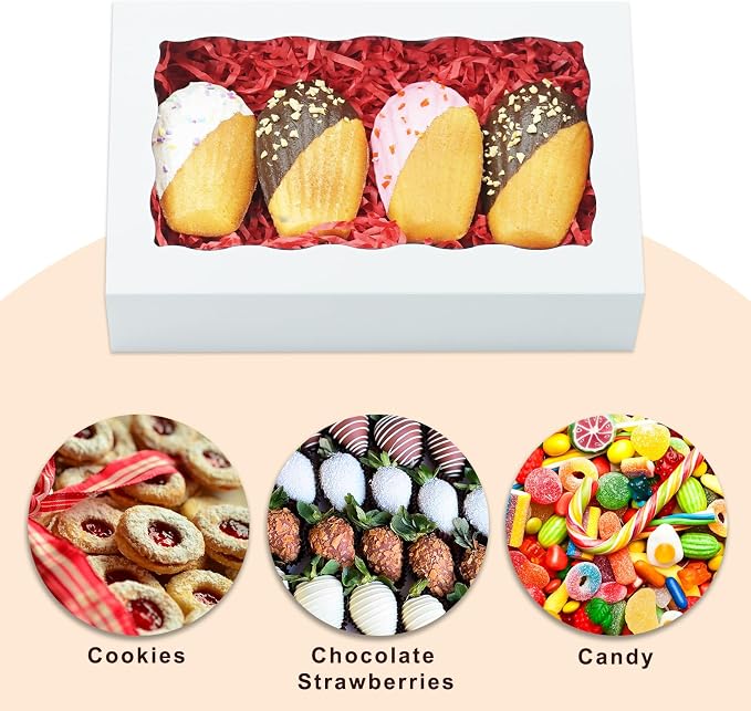 50pcs 8x5x2 Inch Cookie Boxes Bakery Boxes with window Chocolate Covered Strawberries Box Treat Box for Macaroon Dessert Pastry Muffins-White