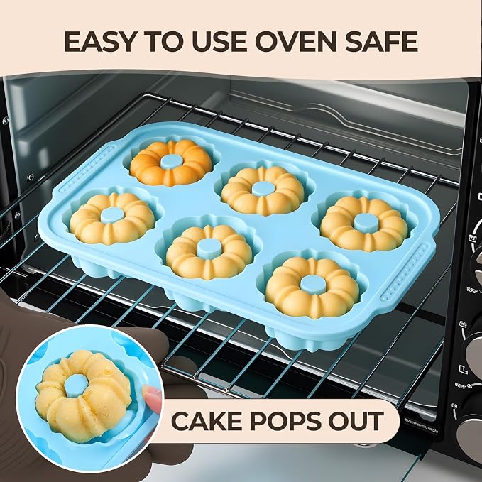 FUNBAKY Mini Fluted Tube Cake Pans for Baking with Metal Reinforced Frame, 2Pcs Silicone 6-Cavity Mini Flan Molds, Nonstick Baking Mold for Cupcake, Brownie, Donuts, Cornbread, Jello
