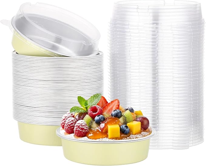 Beasea Mini Pie Pans with Lids, 50 Pack 7.3oz Disposable Aluminum Foil Tart Pans, 4 Inch Round Oven Baking Mini Cake Cups Tin for Cheesecake Pie Tart Quiche - Sage Green