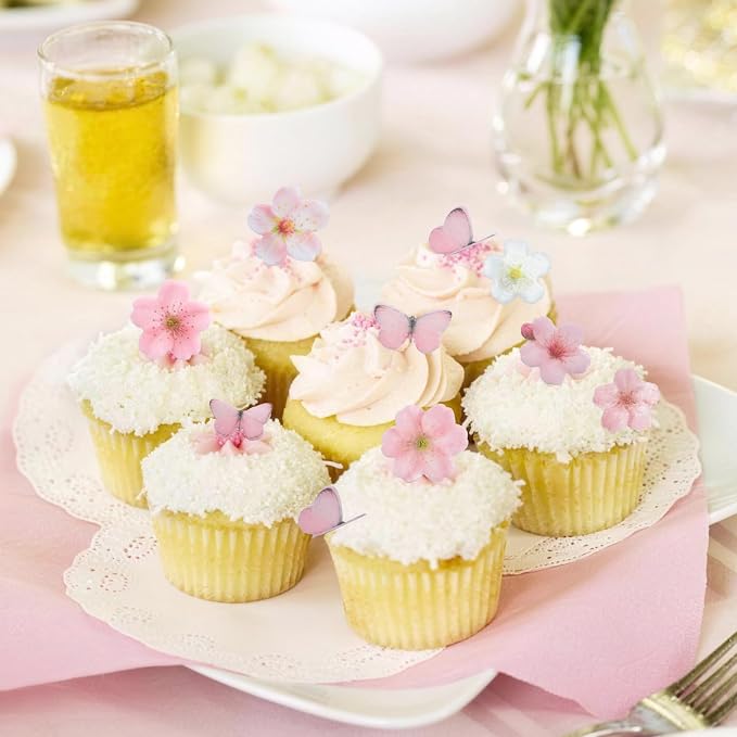 85 Pcs Edible Flowers Cake Decorations - Edible Wafer Paper Flowers & Butterflies Cupcake Toppers for Wedding Birthday Party Cake Decorating