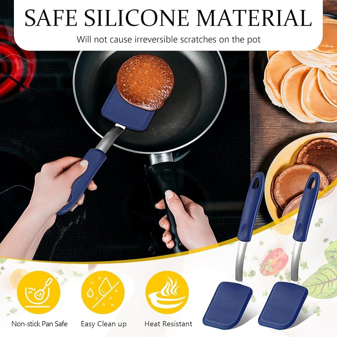Silicone Cookie Spatula Turner 2 Pack Mini Brownie Spatula Flexible Kitchen Small Silicone Turner for Nonstick Cookware Heat Resistant No Scratch Flipper for Pancake(Solid Flat,Blue)