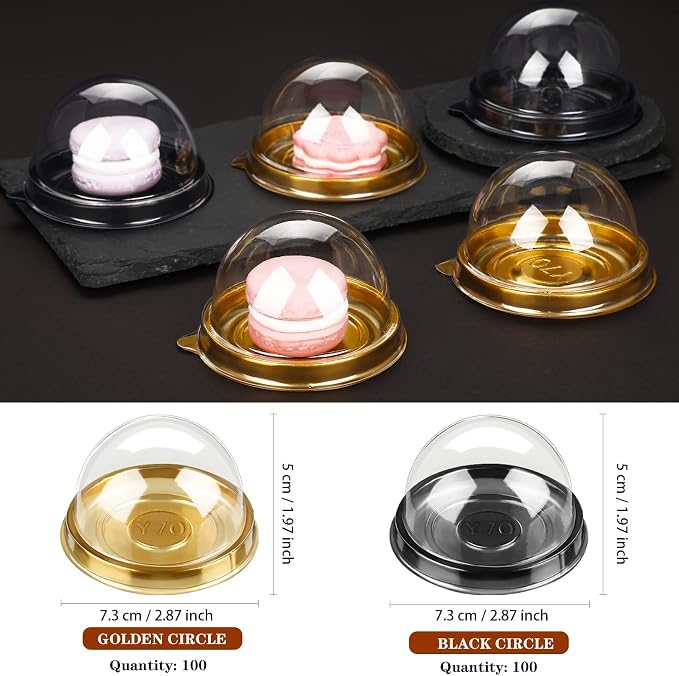 Patelai 200 Pcs Mini Cupcake Boxes Containers Clear Plastic Muffins Cheese Pastry Containers with Dome Lids for Wedding Birthday Party Gifts Supplies, 2.87 x 2.87 x 1.97 Inch (Gold, Black)