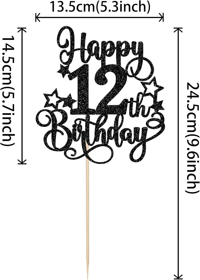 1 PCS Happy 12th Birthday Cake Topper Glitter Cheers to 12 Years Birthday Cake Pick Hello 12 Fabulous Cake Decoration for Happy 12th Birthday Anniversary Party Decorations Supplies Black