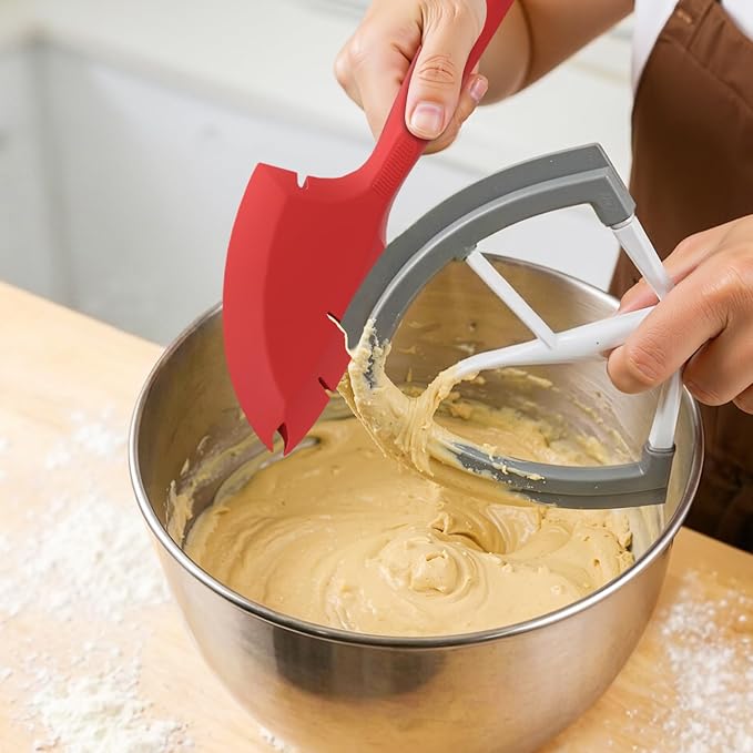 Silicone Bowl Scraper Spatula for KitchenAid Mixers, Heat Resistant Beater Blade Cleaner for Paddle Attachments, Dough Hooks & Mixing Bowls(Cherry Red)