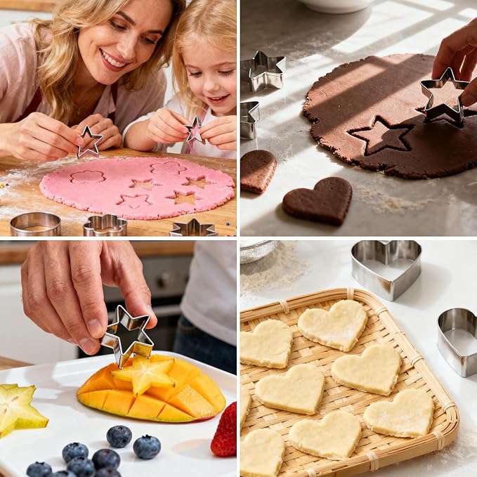 30PCS Mini Cookie Cutters Shapes Set with Box for Kids, Small Stainless Steel Star Triangle Cookie Cutter Variety Pack, for Tiny Polymer Clay, Fruit