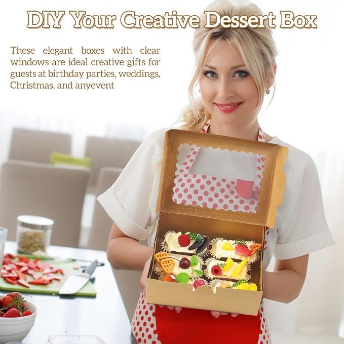 Cupcake Boxes,8X6X3 Inch 24Pack， Cookie Boxes with Window,Bakery Box,Kraft Paper Brown Gift Box for Pastries,Cookies,Cake,Donuts,Macaroon Gift Box,candy special food box,