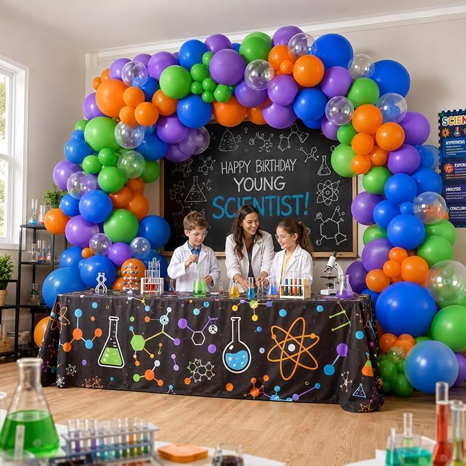 Science Balloon Arch Kit, 122Pcs Purple Dark Blue Green Orange Transparent Colorful Balloons for Boys Science Birthday Party Lab Scientist Lab Classroom Decorations