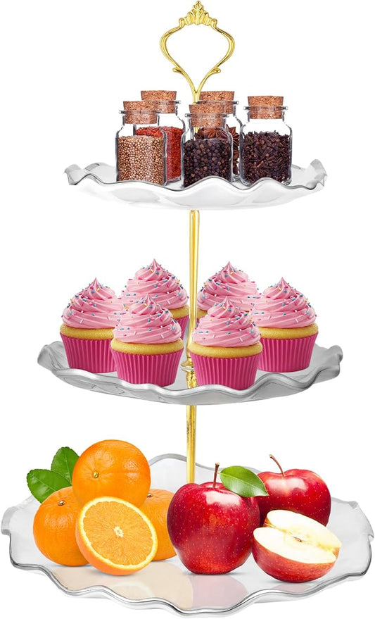Perco 3 Tier Ceramic Cupcake Stand for 20 Cupcakes – Tiered Dessert Stand & Serving Tray, Elegant Gold Accent Dessert Table Display Set for Weddings, Birthdays & Events