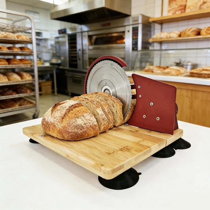 Sourdough Bread Slicer Machine Adjustable Thickness Stainless Steel Blade Bread Sourdough Cutter with 6 Large Suction Cups Foldable Compact Design Non-Slip Base for Homemade Bread Slicing (Red)