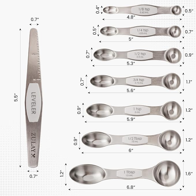 Zulay Kitchen Stainless Steel Measuring Spoon Set - Stackable Magnetic Spoon Measuring Set - Magnetic Measuring Spoon Set of 8 with Leveler - Strong N45 Magnets - White
