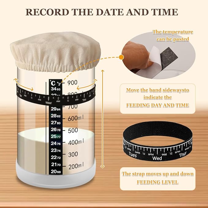 2Pcs Sourdough Starter Kit, 34 OZ Sourdough Starter Jar with Date Marked Feeding Band, Thermometer, Cloth Cover & Metal Lid, Reusable Sourdough Bread Baking Supplies, Home Baking Supplies (2)