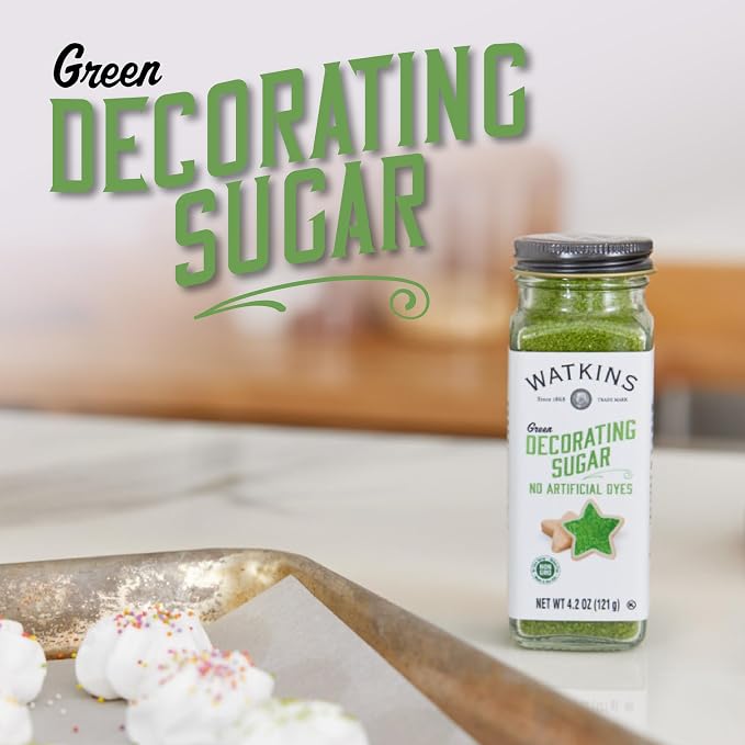 Watkins Green Decorating Sugar (No Artificial Dyes), Non-GMO, Kosher, 4.2 Ounce, 1-Pack