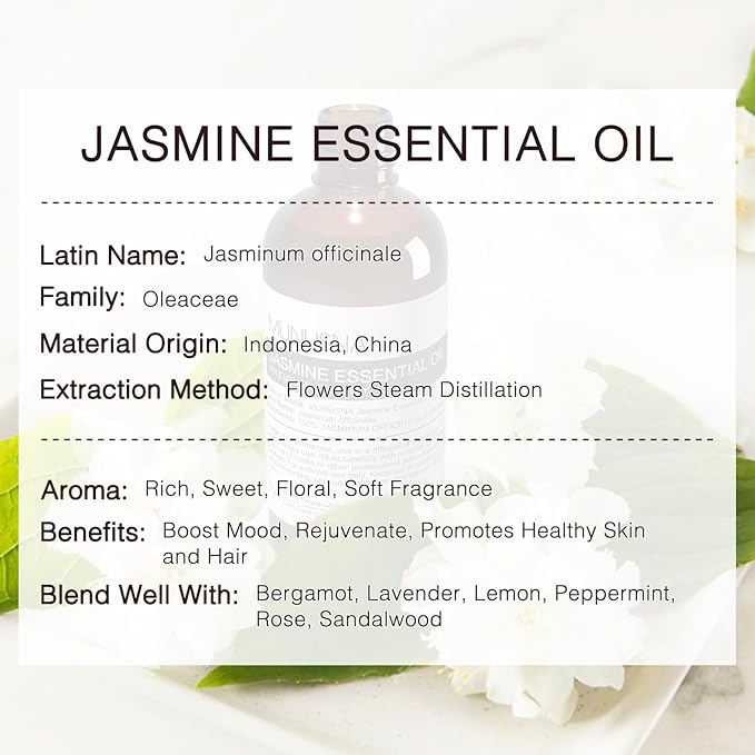 Jasmine Essential Oil 100ML, 100% Pure Natural Jasmine Oils Premium Grade Aromatherapy Oil for Face Skin Body Care, Diffuser, Massage, Home, Soap and Candle Making