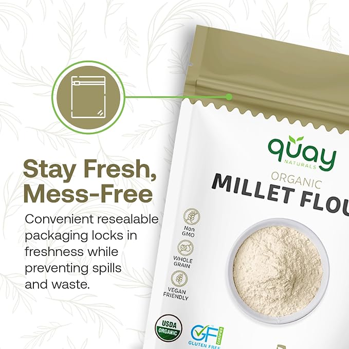 Quay Naturals Organic Millet Flour 2lb | USA-Grown & Milled | Stone-Ground, Gluten-Free, Non-GMO | Vegan, Paleo, High Fiber