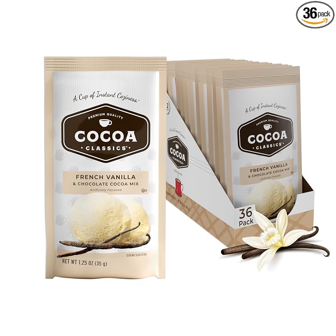 Cocoa Classics French Vanilla Cocoa Mix, Hot or Iced, 1.25oz, 36 Pack | French Vanilla cocoa mix with smooth, creamy vanilla flavor; just add water for rich hot or iced cocoa with smooth taste