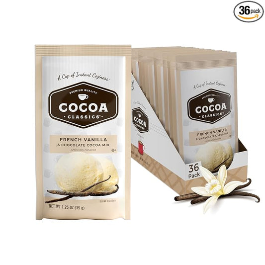 Cocoa Classics French Vanilla Cocoa Mix, Hot or Iced, 1.25oz, 36 Pack | French Vanilla cocoa mix with smooth, creamy vanilla flavor; just add water for rich hot or iced cocoa with smooth taste