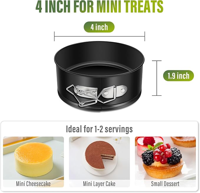 Vakoo 4 Inch Springform Pan - Nonstick, Leakproof Mini Cheesecake Pan for Baking, Easy Release, No Parchment Paper Needed, Set of 4
