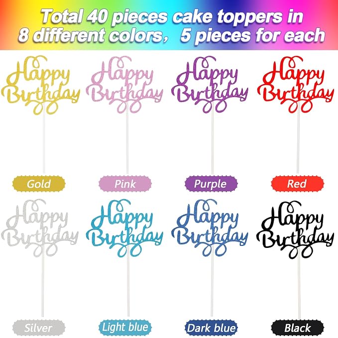Boao 40 Pieces Happy Birthday Cake Toppers 5.3 x 3.94 in Glitter Birthday Cupcake Topper Cake Party Supplies Decorations, 8 Colors