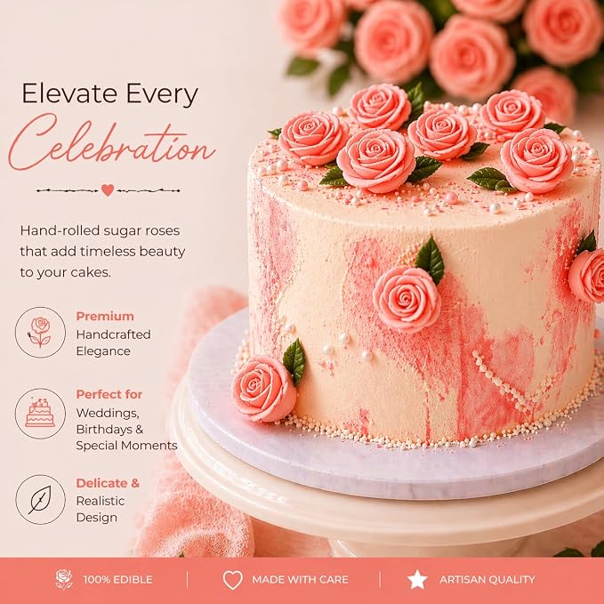 Confect Edible Rose Topper – Salmon Pink Roses for Cake, Cupcake & Doughnut Decoration – Pack of 12 Edible Floral Toppers- Vegan, Gluten-Free, Nut-Free, Soy-Free, Dairy-Free, Palm Oil-Free