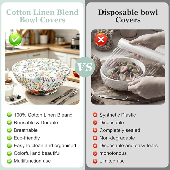 Reusable Bowl Covers for Bread Proofing 3pcs,Cotton Linen Sourdough | Breathable,Fabric,Shower Caps,Sourdough Bread,Accessories,Supplies,Food Lids,Fruit Storage,7"-14",Floral,Checkered,Sage Green