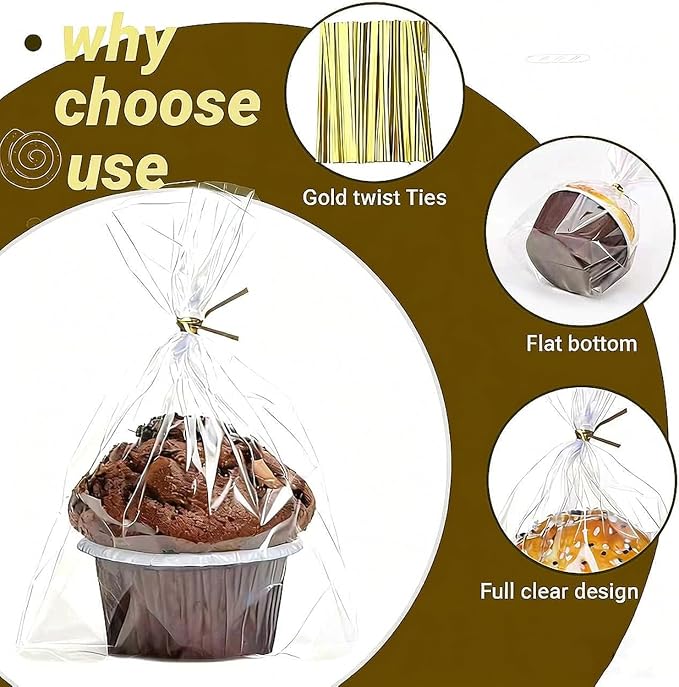 ROSPAKTEK 200 Pcs 6"x7"x2.4" Cellophane Muffin Bags with Gold Twist Ties – Commercial-Grade Flat-Bottom Design for Cupcakes, Cookies & Pastries (Fits Macarons/Chocolates/Strawberries) – Reusable