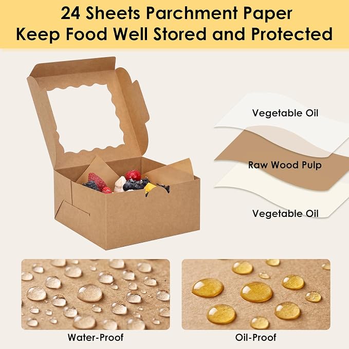 Moretoes 24pcs Bakery Boxes, 6x6x3in Brown Cookie Boxes, Mini Cake Boxes with Window, Pastry Boxes for Party, Wedding, Birthday Day (with 24 Sheets of Parchment Paper and 2 Blank Stickers)