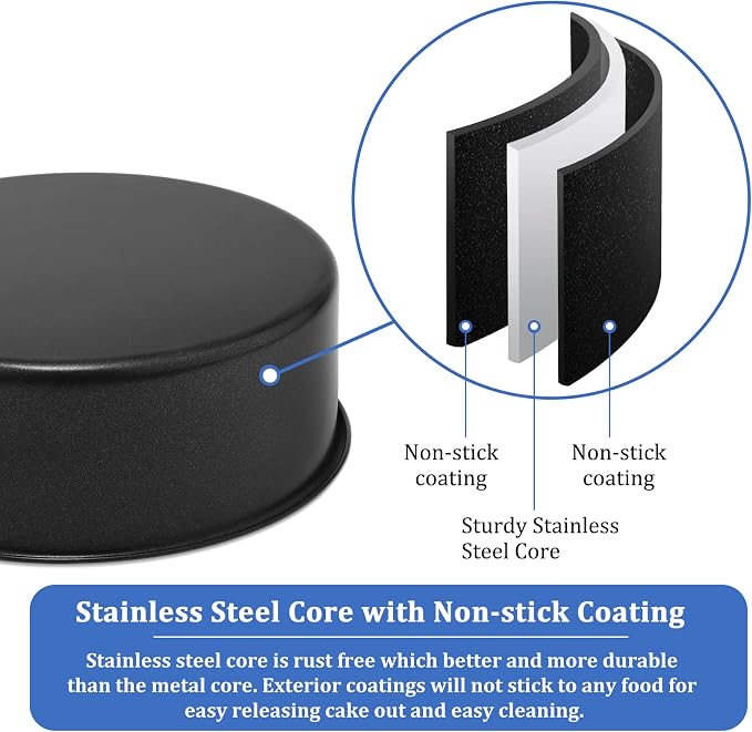 P&P CHEF 8 Inch Cake Pan, Nonstick Round Baking Layer Cake Pans Tins Set for Birthday Wedding, 2.94-Inch Deep Side & One-piece Design, Stainless Steel Core & Easy Clean, Black